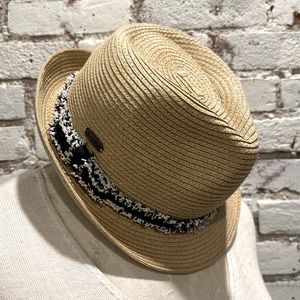 Straw summer fedora with blue trim